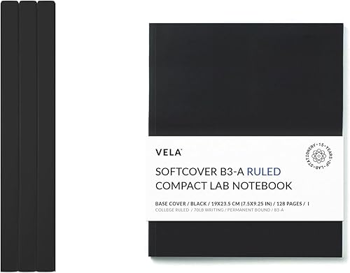 Vela Sciences B3 Cuaderno de laboratorio compacto de tapa blanda, 7.5 x 9.25 pulgadas, 128 páginas, encuadernado permanente, papel pesado de 70
