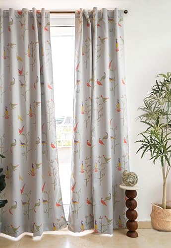 Image of Tranquebar Curtain Co. Semi Blackout Curtains 5 Feet for Window, 80% Blackout, Multicolor Bird Print, Semi Blackout Window Curtains, Heavy Polyester, BackTabs, Shiri (152 cm) - 1 Piece