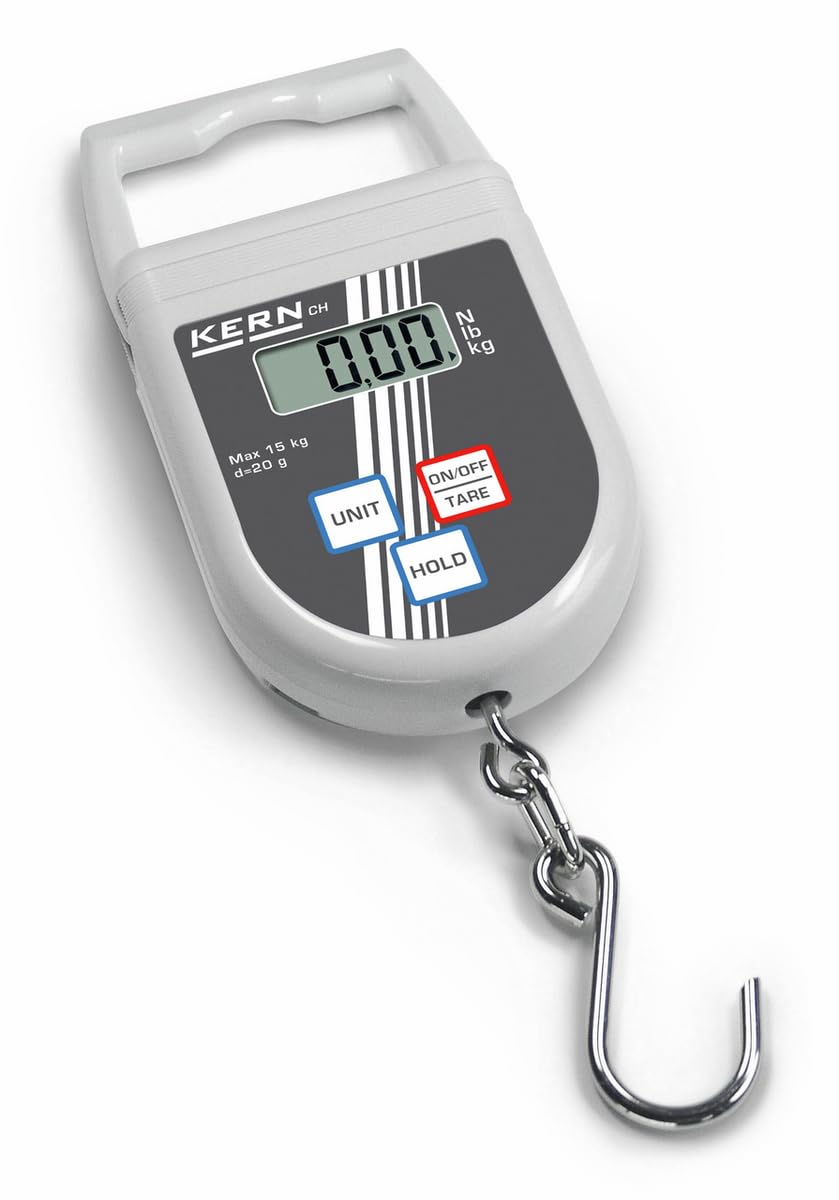 KERN Hängewaage CH 15K20 – Digitale Handwaage bis 15 kg, Ablesbarkeit 20 g, LCD-Display, Hold- & Peak-Hold-Funktion, Maßband & Edelstahlhaken, TÜV-geprüft, kompakte Kofferwaage