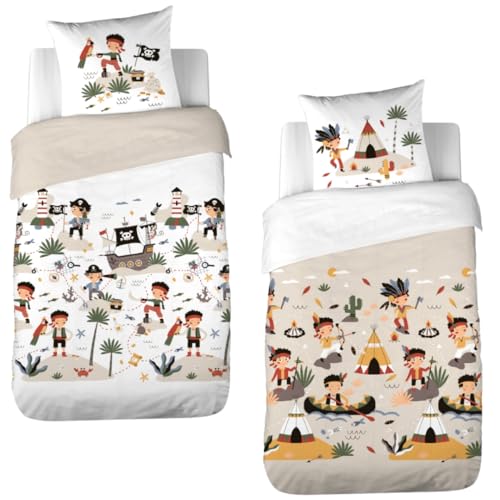 CÔTE DECO Bettwäsche, bedruckt, Bi-Historie, 140 x 200 cm, für Kinder, Bettbezug 140 x 200 cm + 1 Kissenbezug 63 x 63 cm, Motiv Indianer und Pirat,...