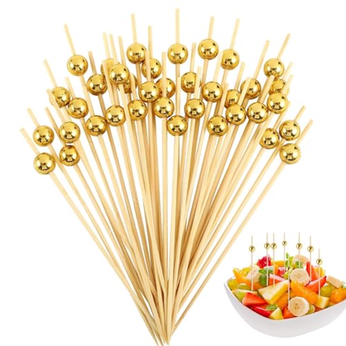 BOBOZHONG 100 Pcs Palillos para Cócteles de Bambú - 4.7 Pulgadas (12 cm) con Perla Dorada - Brochetas para Aperitivos, Frutas, Sándwiches -Resistentes - Decoración Fiestas, Bodas, Cumpleaños (Oro)