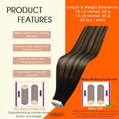 Image of Full Shine Tape Hair Extensions Real Human Hair 12Inch Color 1B Black Ombre 6 Brown Highlight 1B Tape in Human Hair Extensions Double Sided Tapes ins 30Gram 20Pcs Seamless Invisible Straight Hair