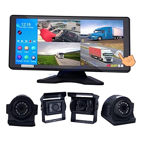 HD 1080P Vehicle Backup Camera Monitor System,4 x Front Side Rear View Parking Back Up Reversing Wired Camera +10.36 inch 4CH Split Touch Screen MP5 DVR RV Bus Truck Trail 5th Wheel Cover