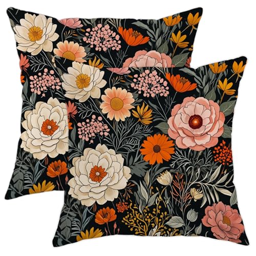 Juego de 2 fundas de cojín de peonía, diseño floral vintage de crisantemo, flores silvestres, color negro, con cremallera oculta, fundas de cojín para el hogar, sala de estar, dormitorio, sofá