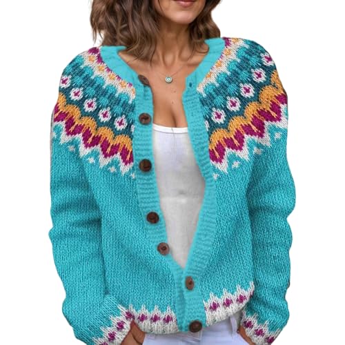 Akivide Women's Fair Isle Floral Print Knit Cardigan Sweater Fall Winter Vintage Button Down Colorful Open Front Jacket Coat