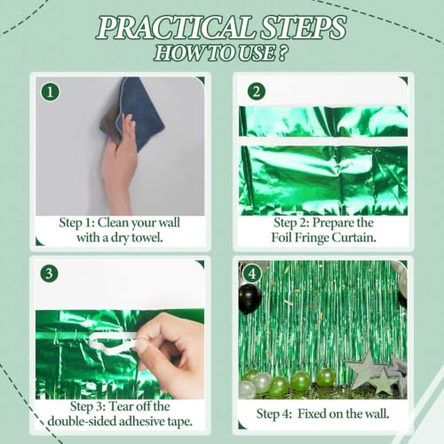 Image of DECOCKRAT 3 Pack Foil Fringe Backdrop - Green Shiny Tinsel Curtains for Party Decoration /Photo Booth Props - 3.3x8.2 FT Metallic Foil Backdrop for Birthday, Wedding, Graduation, Christmas.