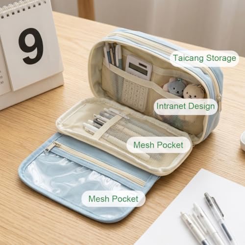 Image of Zibuyu Large Capacity Pencil Pouch for Girls & Boys, 9-Layer Pencil Case (Sky Blue) | Multipurpose Pouch for Stationery Items, Makeup, Accessories, with Clear Mesh Pockets, Blue