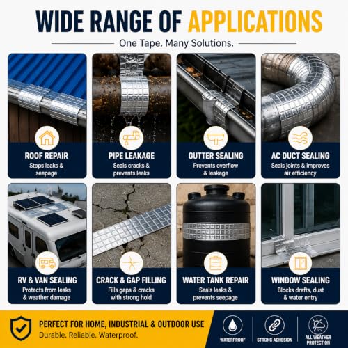 Image of VIVNITS Waterproof Butyl Aluminium Foil Tape for Roof Leakage, Heavy Duty Self Adhesive Waterproof Sealing Tape for Water Tank, Wall, Pipe, Terrace Crack Repair, Duct & Water Leakage Solution, Silver