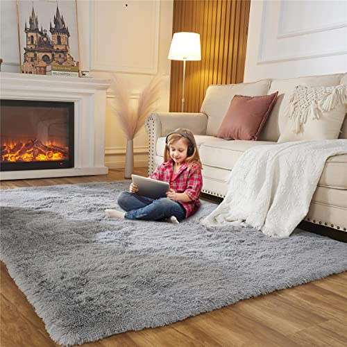EasyJoy Fluffy Area Rugs for Bedroom Living Room, 5ft x 7ft Light Gray Furry Carpet for Teens Room, Shaggy Throw Rug for Nursery Room, Fuzzy Plush Rug for Dorm, Cute Room Decor for Girls Boys Room