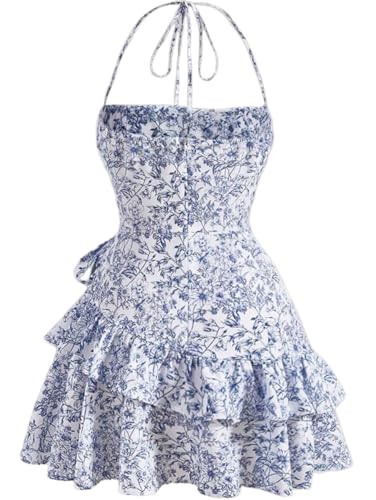 Narecte Summer Dresses for Women,Tie Halter Mini Dress,Floral Print Short Dress,Ruffle Trim Casual Dresses2