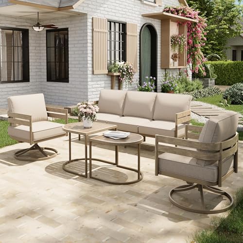 MIXPATIO 5-Piece Patio Outdoor Conversation Furniture Set with 2 Swivel Chairs, Steel Modern Outdoor Patio Conversation Sets with Thick Cushions for Porch, Balcony, Backyard - Beige