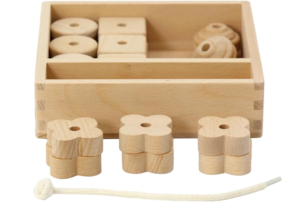 Kiddison Lacing Bead 27 Large Wooden Beads 1 Lace for Toddler and Kids Montessori Educational Toy Fine Motor Skills 2 Years