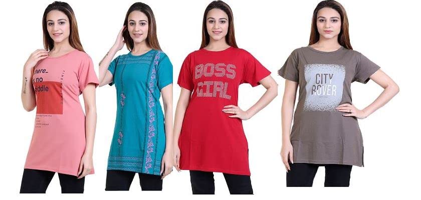 Women Cotton Printed Regular Fit T-Shirts/Top/Long Night Wear T-Shirt for Women's & Girls (Pack of 4)-image-47