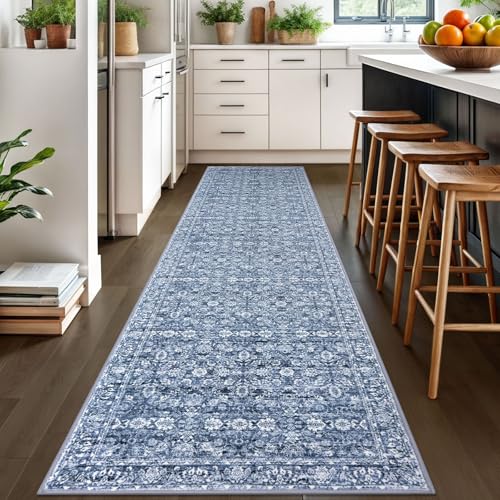 3x10 Blue Washable Runner Rug for Kitchen, Soft Classic Runner with Non-Slip, Non-Shedding Distressed Floral Rug for Hallways Entryway Bedroom Bathroom Laundry Indoor