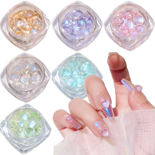 6 Jars Heart Nail Art Charms 180Pcs Aurora Resin Rhinestones 3D Shiny Mixed Size Flatback Gems for Women Valentines Day Acrylic Nail Art Decorations DIY Supplies