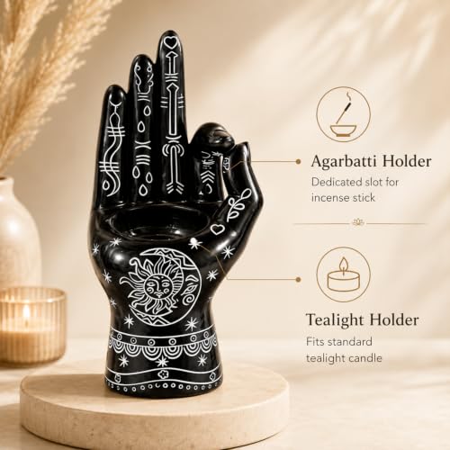 Image of Ekhasa Black Palmistry Hand Resin Incense Stick Holder with Ash Catcher