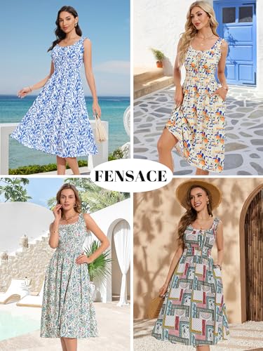 Image of FENSACE Sun Dresses for Women 2025 Vacation Summer Midi Flowy Orange Floral Spring Sleeveless Smocked Waist Easter Dresses for Women