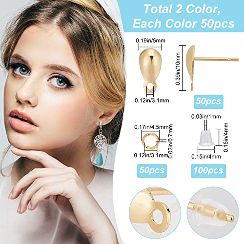 CREATCABIN 1 Box 100Pcs 18K Gold Plated Teardrop Stud Earring Posts 2 Color Stainless Steel Earring with Loop Findings 100pcs Open Jump Ring Plastic Ear Nuts for DIY Jewelry Making(Gold/Silver) - Image 2