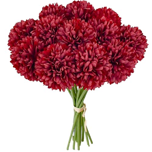 Image of Mandy's 12pcs Artificial Burgundy Ball Chrysanthemum Flowers