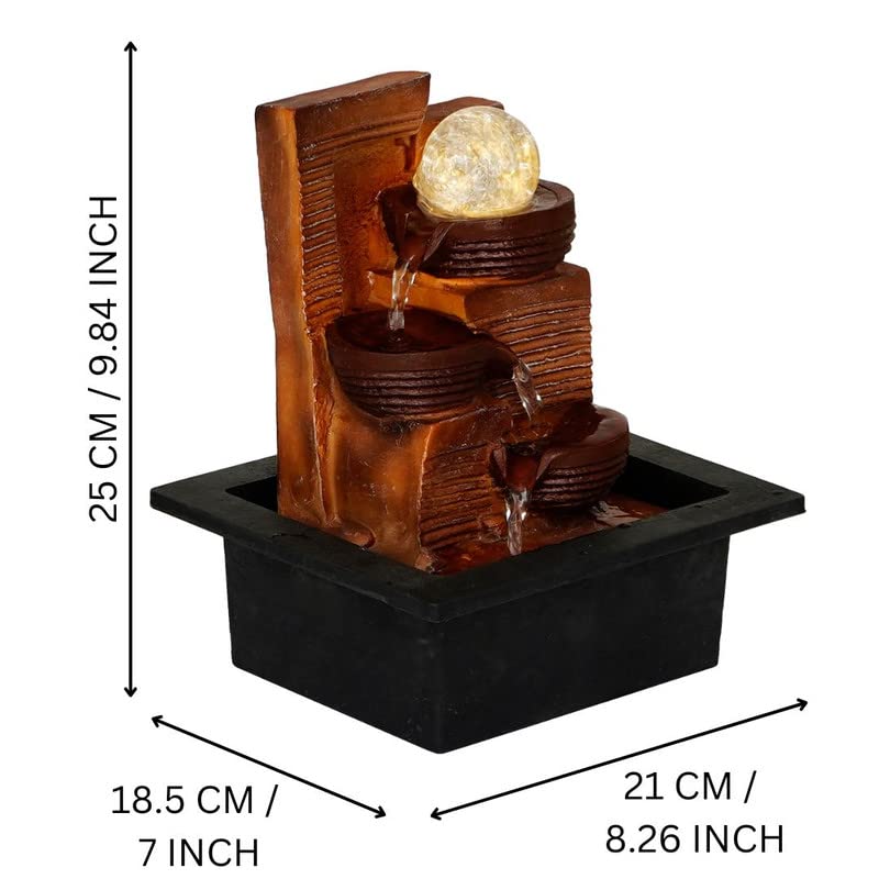Image of Polyresin Designer Tabletop Indoor 3 Steps Water Fountain for Home Decor with Yellow LED Light, Speed Controller Pump & Crystal Ball (Size: 25 x 21 x 18.5CM |Wt: 1180grm | Colour: Brown)
