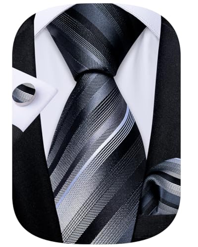 Image of DiBanGu Striped Tie Set for Men Silk Woven Plaid Necktie and Pocket Square Cufflinks Business Wedding