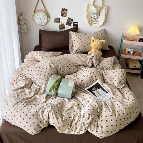 Image of Nayoroom Brown Heart Duvet Cover Queen Size Vintage Hearts Printed on Taupe Comforter Cover Kids Girls 3 Pcs Soft Microfiber Farmhouse Bedding Set with Zipper Closure