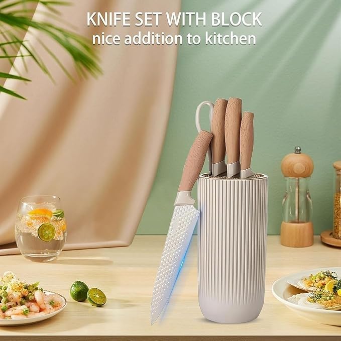 Image of Luxury 6 in 1 Wooden Coating Knife Set Light Wood Grain Handle Anti-Rust Non-Stick Stainless Steel Sharp Edge with 4 Knifes, 1 Stand, 1 Scissor for Hotel, Travel, Meat, Fruits (Khaki)