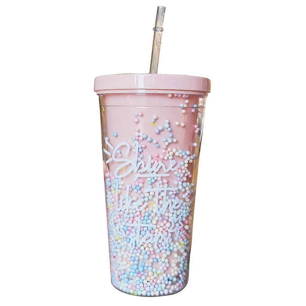 JOYHAPPST 550ml for Creative Rainbow Plastic Water Bottle Double Layer Shiny Quicksand Sequins Kawaii Drinking Cup with Straw Lid Coffee Juice Tumblers Mug Drin