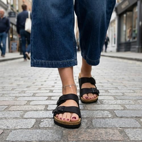 Image of CUSHIONAIRE Lane Cork Footbed Womens Sandals Comfortable Double Buckle Slip On Sandals for Women with Arch Support and Classic Two Strap Design