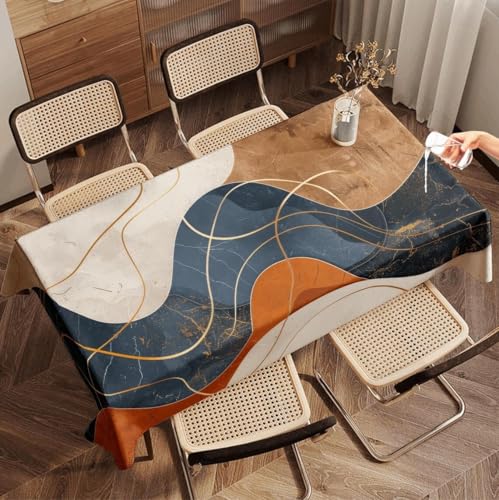 Image of DARSHANAM WORLD Mid-Century Modern Geometric 4 Seater Tablecloth - Waterproof & Spill-Proof Fabric, Abstract Pattern Design, Washable Decorative Table Cover for Dining Room, Kitchen. (Wave Italian)