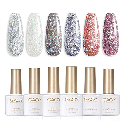 GAOYÂ Glitter Inspire GelÂ NailÂ PolishÂ Set ofÂ 6Â ColorsÂ Including Pink Nude Glitter Gel Polish Kit UVÂ LEDÂ SoakÂ Off Shellac NailÂ Polish Home DIY Manicure Nail Salon Varnish