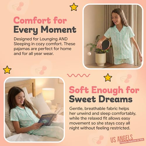 Image of US Angels Girls Pajama Set 3 Piece, Short Sleeve Button Down PJs with Shorts & Pants, Soft Sleepwear Girls & Tweens Size 5-16
