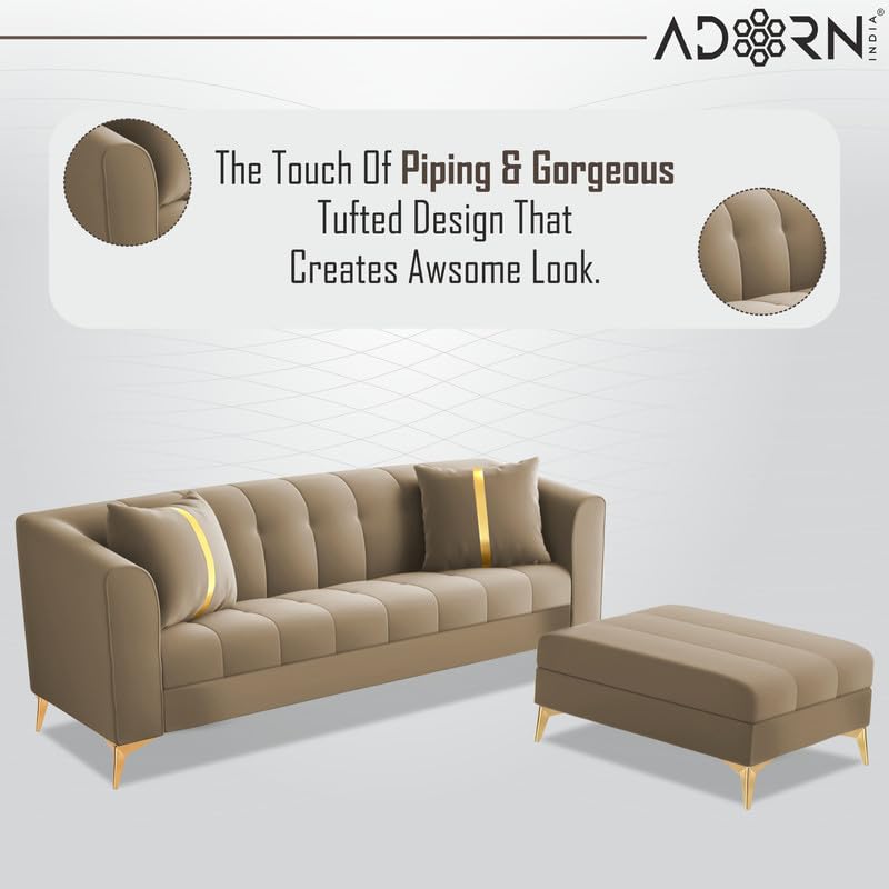 Image of Adorn India Premium Mystic - 3 Years Warranty - L Shape 4 Seater Sofa Set Velvet Suede Fabric - Beige