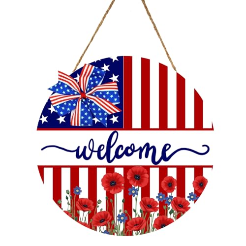 Memorial Day Door Sign Independence Day Wreath Patriotic Stars American 4th of July Decoration Welcome Front for Door Decor