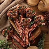 Simgoing 6 Pcs Rustic Christmas Candy Cane Ornaments 7 Inch Burlap Wrapped Farmhouse Candy Cane Christmas Tree Hanging Decoration with Bells for Home Xmas Crafts Party Decoration(Red)