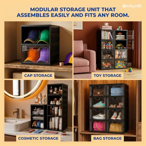Image of PrettyKrafts 6-Tier Collapsible Shoe Rack with Door | Heavy Duty Plastic Sneaker Crates | Transparent Shoe Boxes | Sneaker Shoe Stand | Organiser for Heels, Boots, Loafers, Slippers,Black