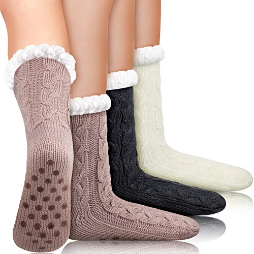SATINIOR 3 Pairs Winter Women Fuzzy Fluffy Slipper Socks Christmas Slipper Socks (White, Brown, Light Grey)
