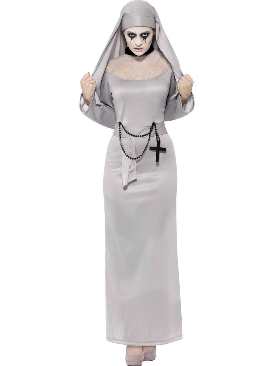 Smiffys Gothic Nun Costume, Grey with Dress & Headpiece, Halloween Adult Fancy Dress, Nun Dress Up Costumes