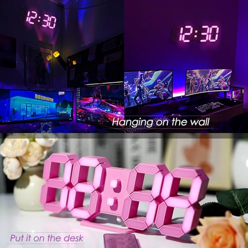 Image of KOSUMOSU 9.7 Inch 3D Pink LED Wall Clock, Table Clock for Living Room, Modern Digital Clock for Bedroom, Aesthetic Desk with Remote Control /Dimming /12 /24 Hours