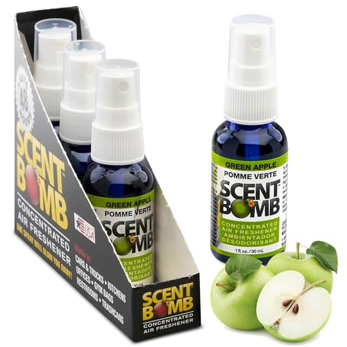Image of Scent Bomb Air Freshener Spray, Long-Lasting Odor Eliminator - Effective Deodorizer for Home & Car, Fresh Room Spray for Kitchen, Bathroom & Smell Neutralizer - 1 oz Pack of 4, Green Apple Scent