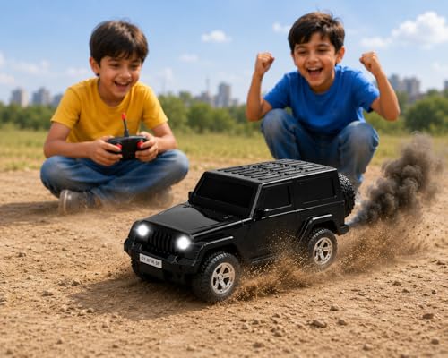 Image of RC Thar Car Toy with Smoke Feature, LED Headlights, 2.4GHz Remote Control, Rechargeable, Black, 20.5 CM, for Kids (Available in Two Colours)