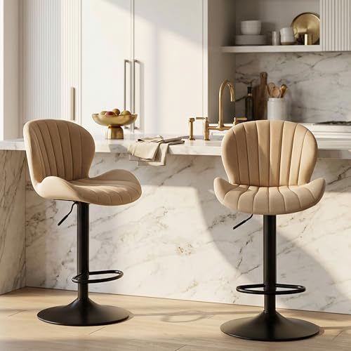 Image of HealSmart Bar Stools Set of 2, Adjustable Counter Height Swivel Stools, Modern Fabric Upholstered Bar Chairs with Backrest for Kitchen Island, Home Bar & Dining Area, Beige