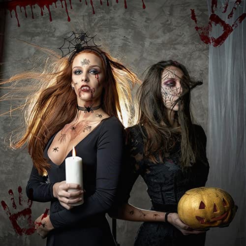 BOFUNX 10 Stücke Halloween Spinnennetz Kostüm Set, Spinnennetz Netzstrumpfhose Stirnband Halskette Spitzenhandschuhe Spinnen Temporäre Tattoos für Halloween Masquerade Makeup