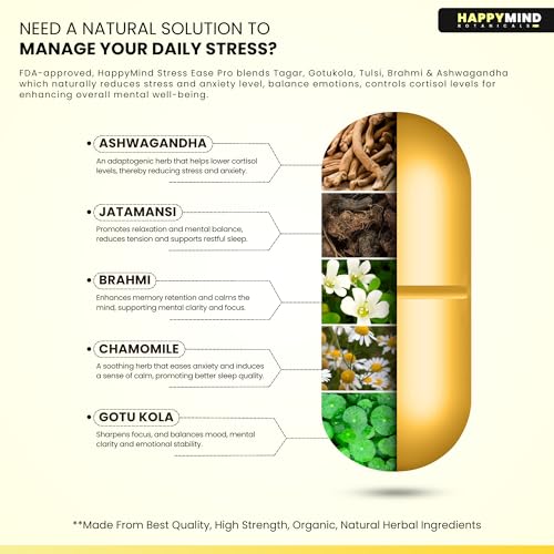 Image of HappyMind Botanicals Stress Ease Pro | Ayurvedic Stress relief, Anti-anxiety & Cortisol Support Tablets | Serotonin, Mood Booster & Balances Emotions | Ashwagandha, Jatamasi, Brahmi | 60 Vegan Tablets