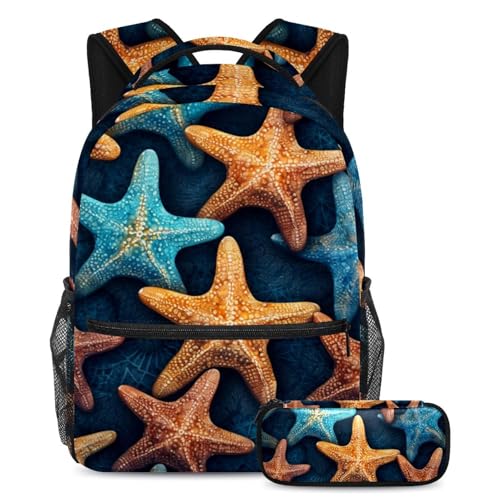Sac à dos étudiant grande capacité à motif étoile de mer avec trousse pour le voyage
