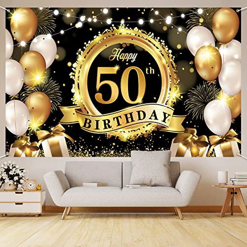 Fondo decorativo Happy 50 cumpleaños negro y dorado grande miniatura 4