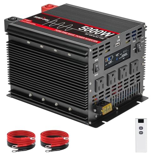 Sunivora 5000 Watt Pure Sine Wave Power Inverter with LCD 12V DC to 110V/120V AC Peak Power 10000W Car Power Inverter with 4 AC Outlets & 1 USB Port & Remote Control for Truck RV Car Solar System