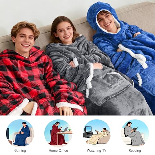 Tirrinia Sherpa Hood Wearable Blanket – Navy Blue Oversized Adult Hoodie Blanket with Pocket — view 3