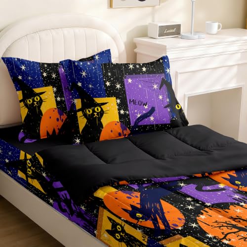 Image of Kids Comforter Set,Zipper Bedding Twin for Teen,Black Cat Printed Comforter Set with Fitted Sheets and Pillowcases for All Season(Black Cat Twin)