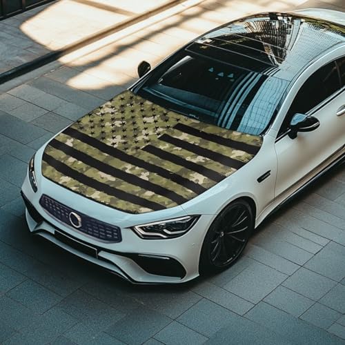 Image of American Flag Green Camo Car Hood Cover Stretchable Car Hood Protector Waterproof Sun Proof 4th of July Patriotic Decorations Easy Installation for Most Sedans SUV Trucks Pickup